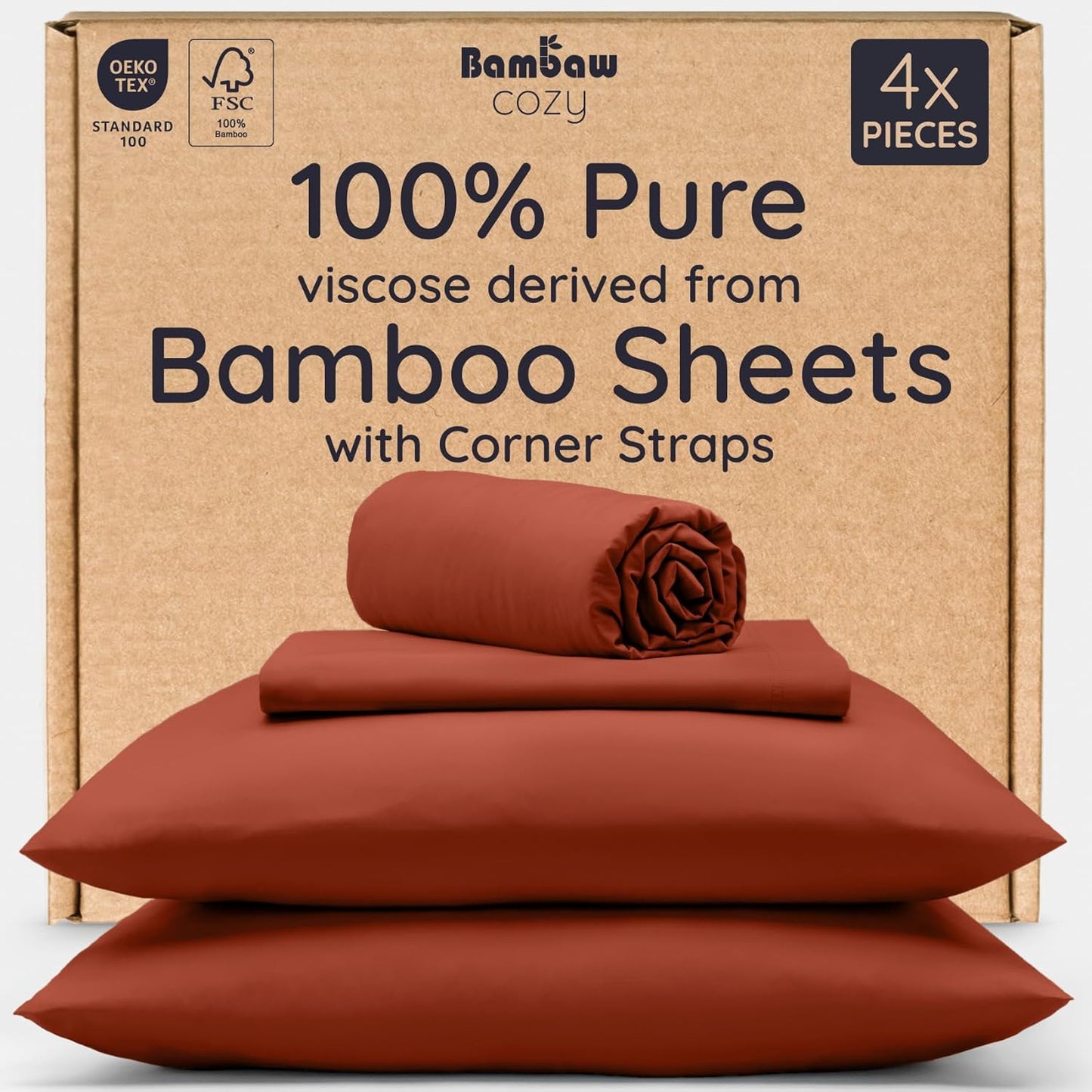 Bambaw 100% Viscose Derived from Bamboo Sheets Full Size Set – 4pcs Set of Full Size Bed Sheets Cooling and Soft, with Elastic Corner Straps, Bedding for Night Sweats (Terracotta)