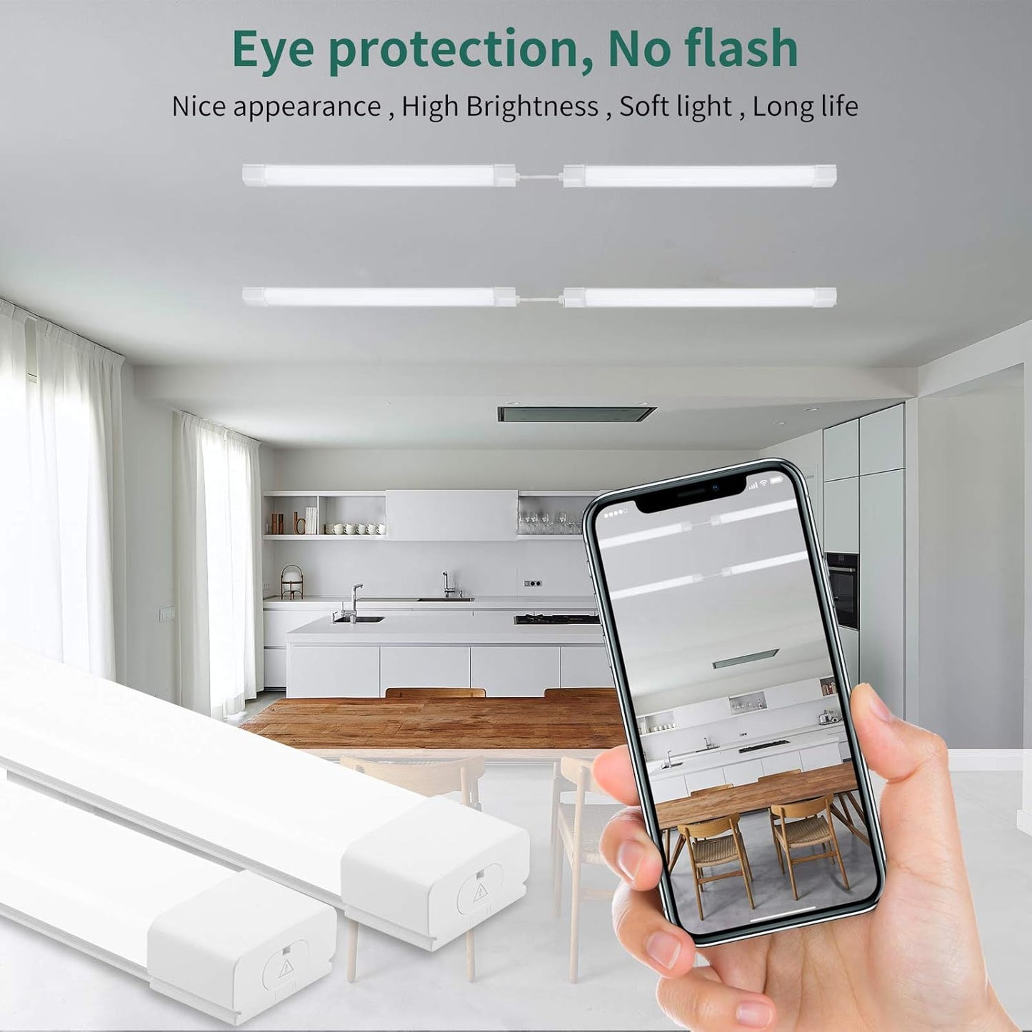 KUKUMAO 5000K LED Ceiling Light Fixture, 2FT with Plug Linkable, 2PCS Waterproof LED Tube Light Under Cabinet Lighting,Closet Light 18W for Garage Kitchen Bathroom Workbench and Office