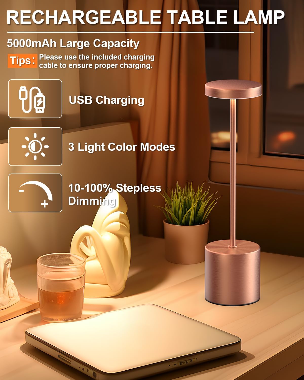 Cordless Table Lamps Rechargeable, Portable LED Desk Lamp, 5000mAh Battery Powered Wireless Table Light - 3 Color Dimmable Lighting for Restaurant Dining Patio Outdoor Bedroom(Rose Gold)
