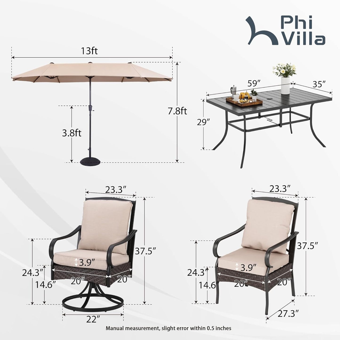 PHI VILLA Outdoor Dining Set for 6, All-Weather Patio Table and Chairs Set for 6 with Umbrella, Heavy Duty Rectangle Patio Table Set, Large Outdoor Chairs with Thick Cushions, 2 Swivel