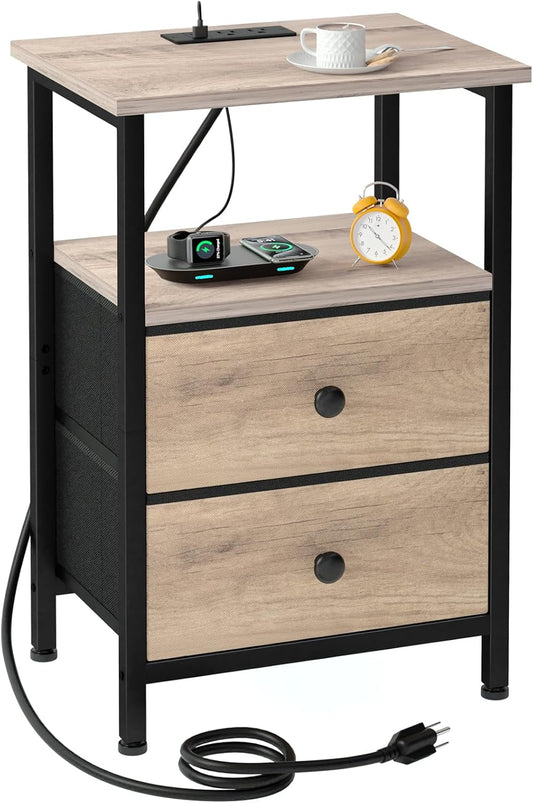 Night Stand, Nightstand with Charging Station, End Table with Storage 2 Fabric Drawers for Bedroom, Small Bed Side Table with USB Ports and Outlets for Living Room, Grey, HETS020GY-1
