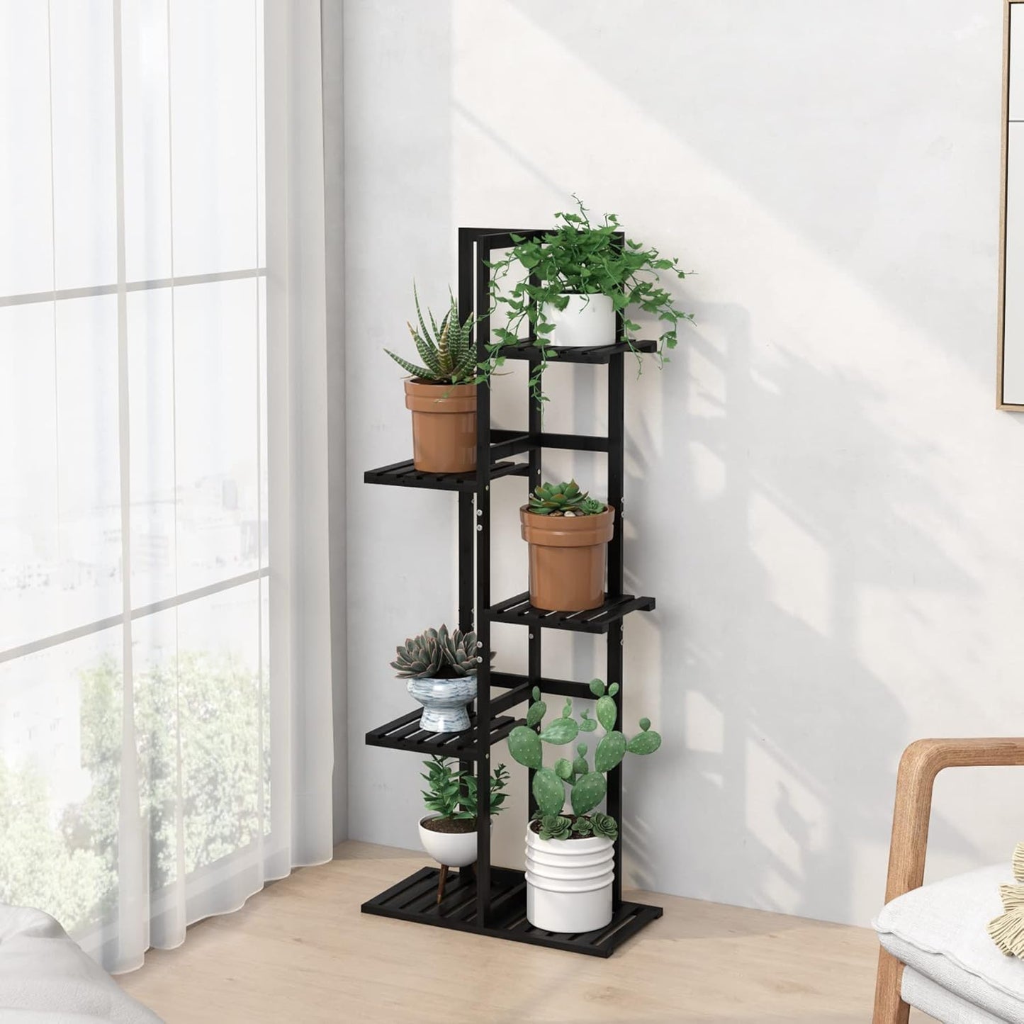Laiensia 5 Tier Bamboo Plant Stand Rack 6 Potted Multiple Flower Pot Holder Shelf, Indoor&Outdoor Planter Display Shelves for Patio Garden, Living Room, Corner Balcony and Bedroom,Black