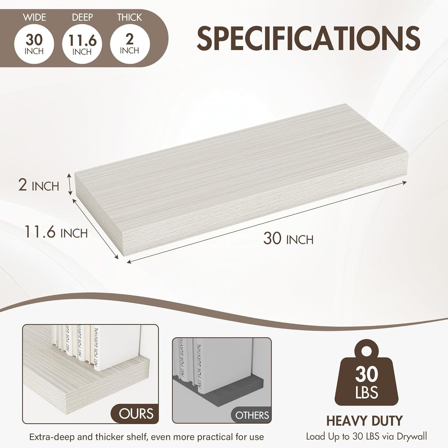 30 Inch Floating Shelves, 12" Deep Floating Shelf Wall Mounted, 30" Wall Shelves, Rustic Deep Bookshelf, Extra Deeper & Thicker Display Shelves for Bedroom, Living Room, Gray, Set of 2