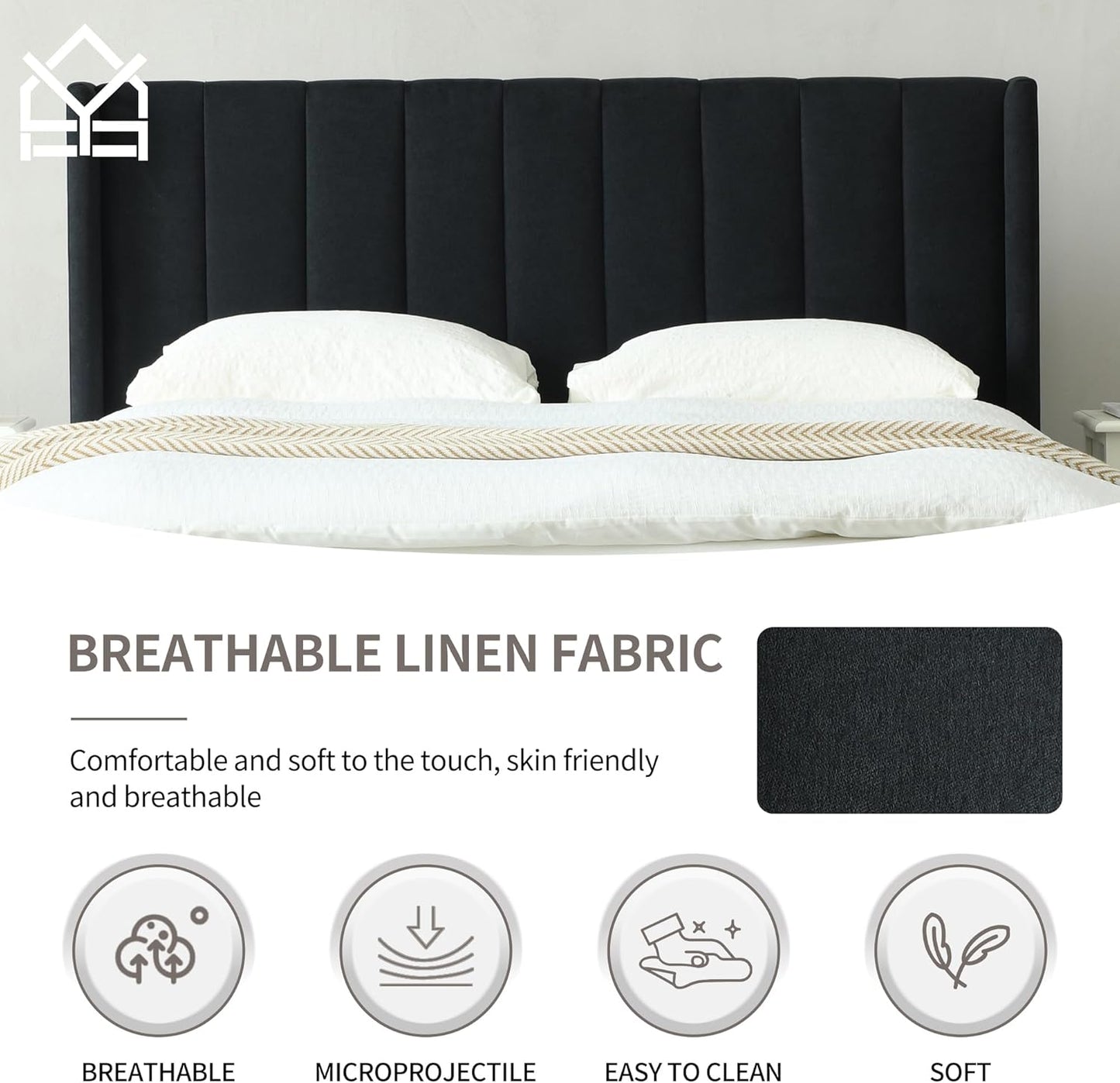 YUHUASHI upholstered Platform Bed Frame/Full Bed Frame/Modern Geometric Double-Wing Design headboard/Linen Fabric/Easy to Assemble no Noise (Black, Full)