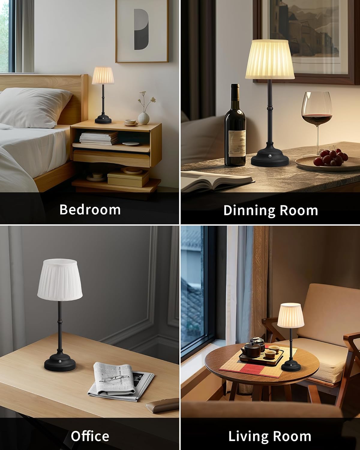KDG Cordless LED Table Lamp, Portables Fabric Shade Desk Lamps, 4000mAh Rechargeable Battery Powered Lighting, Dimmable Light for Dining Room, Bedroom, Bedside, Night Light, Balcony (Black)