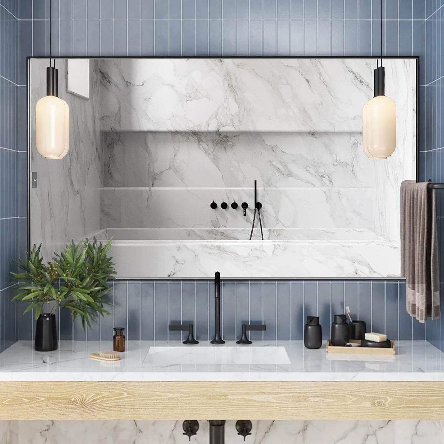 55x36 Inch Black Bathroom Mirror for Wall, Aluminum Frame Rectangle Rectangular Vanity Mirror, Modern Large for Bedroom, Living Room, Horizontal or Vertical