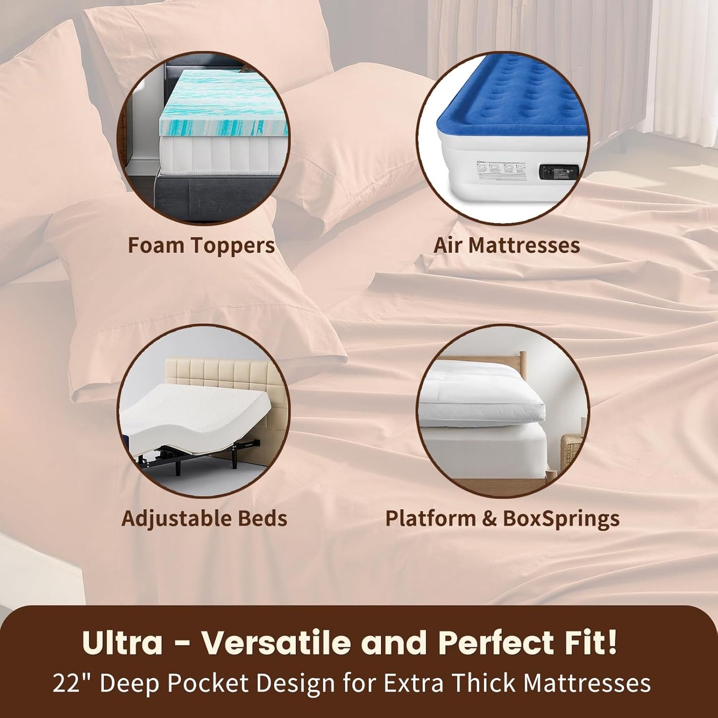 100% Linen Sheet Set Queen Size Extra Deep Pocket Fits 18-24 Inch Mattress, Breathable & Soft, Smooth 4-Piece Set for Thick Mattresses Hotel Luxury Bedding（Queen, Brown）