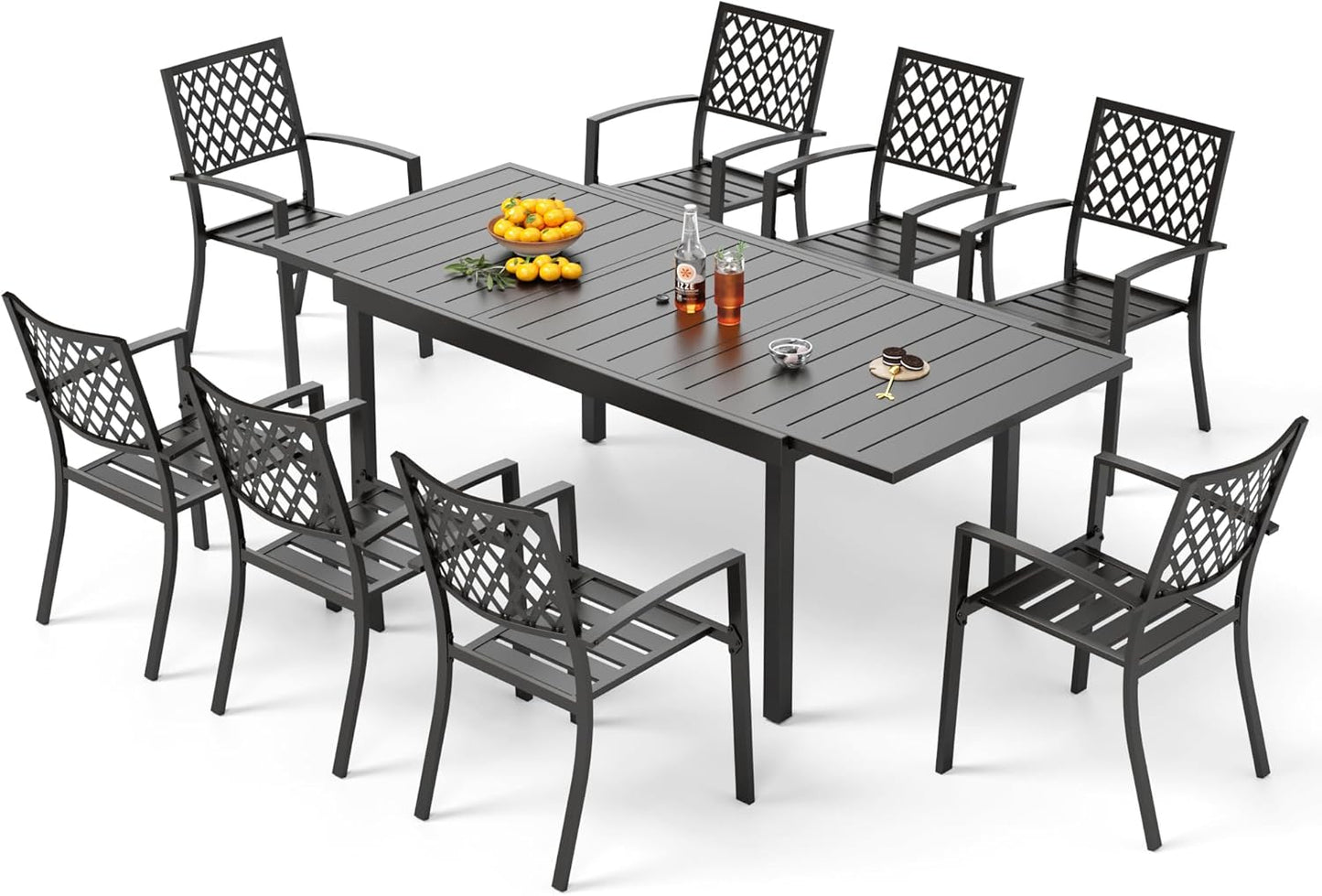 PHI VILLA 9 Piece Outdoor Dining Table Sets, Expandable Rectangular Metal Dining Table and 8 Bistro Metal Chairs for Patio, Deck, Yard
