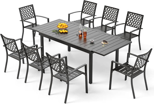 PHI VILLA 9 Piece Outdoor Dining Table Sets, Expandable Rectangular Metal Dining Table and 8 Bistro Metal Chairs for Patio, Deck, Yard
