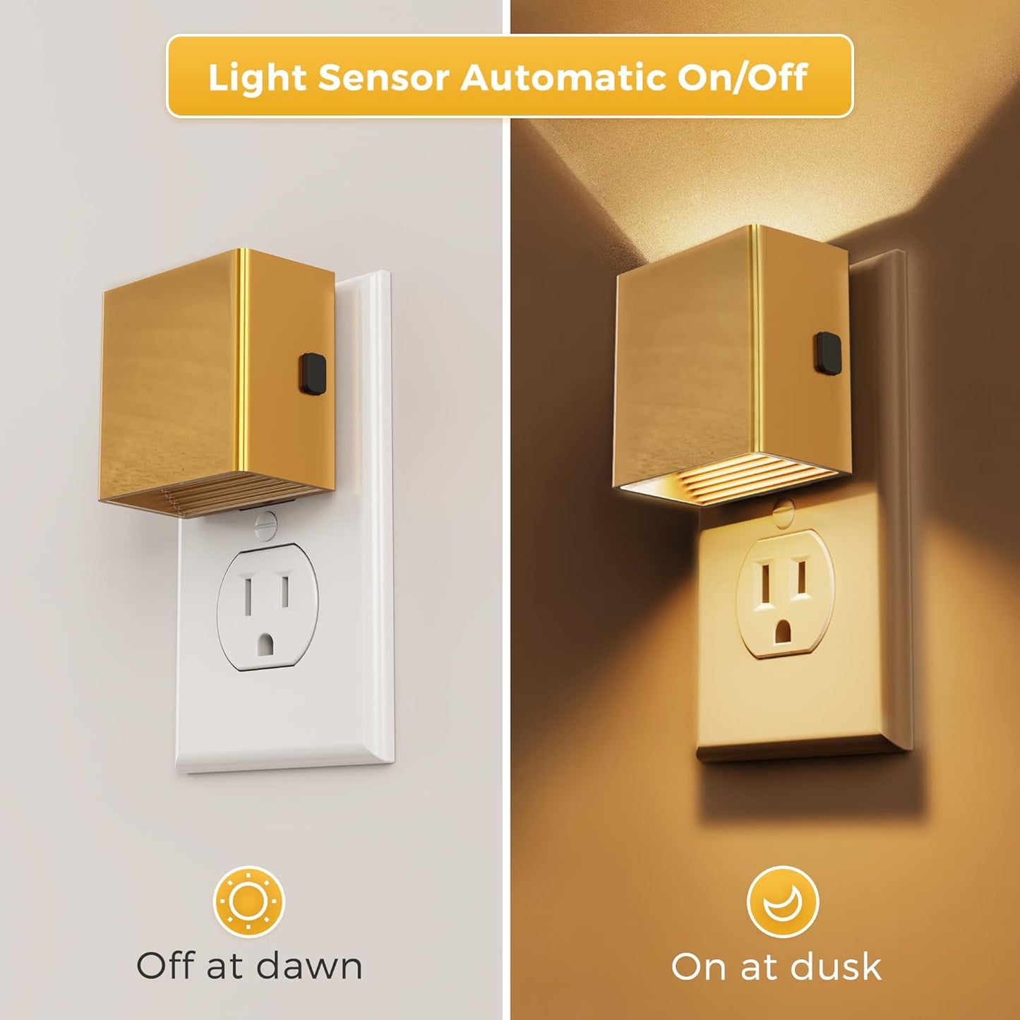 L LOHAS LED Night Light,Night Lights Plug into Wall,[2-Pack] Dimmable Night Light with Light Sensor,3000K Warm White,Gold Nightlight for Bathroom Hallway Kitchen