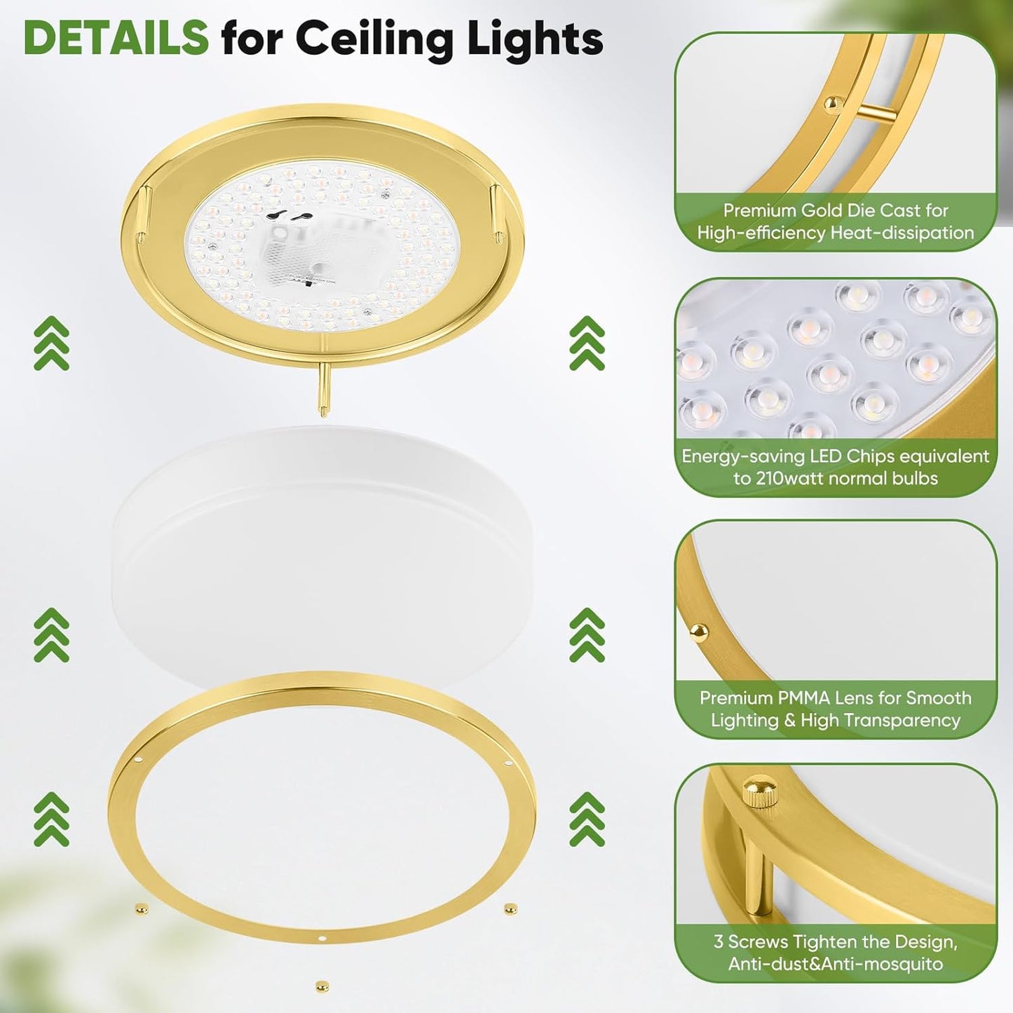 10 Inch LED Flush Mount Ceiling Light, Gold Kitchen Lighting Fixture with 2700K/3000K/4000K/5000K/6500K 5 Color Adjusted, Dimmable Modern Round LED Light for Bedroom Living Room Laundry, 1-Pack