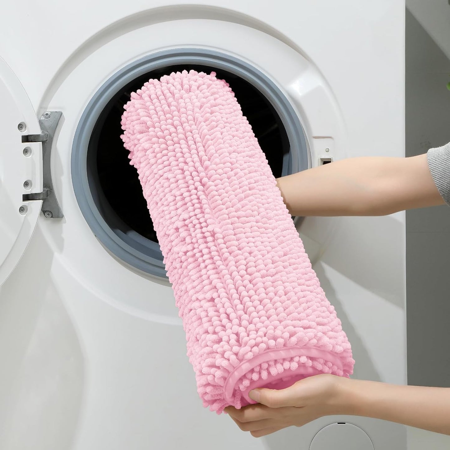 HOMEIDEAS 3 Pieces Bathroom Rugs, Ultra Soft Non Slip Absorbent Chenille Toilet Bath Mat Set (Light Pink,17"x24"+20"x32"+U Shape 20"x24")