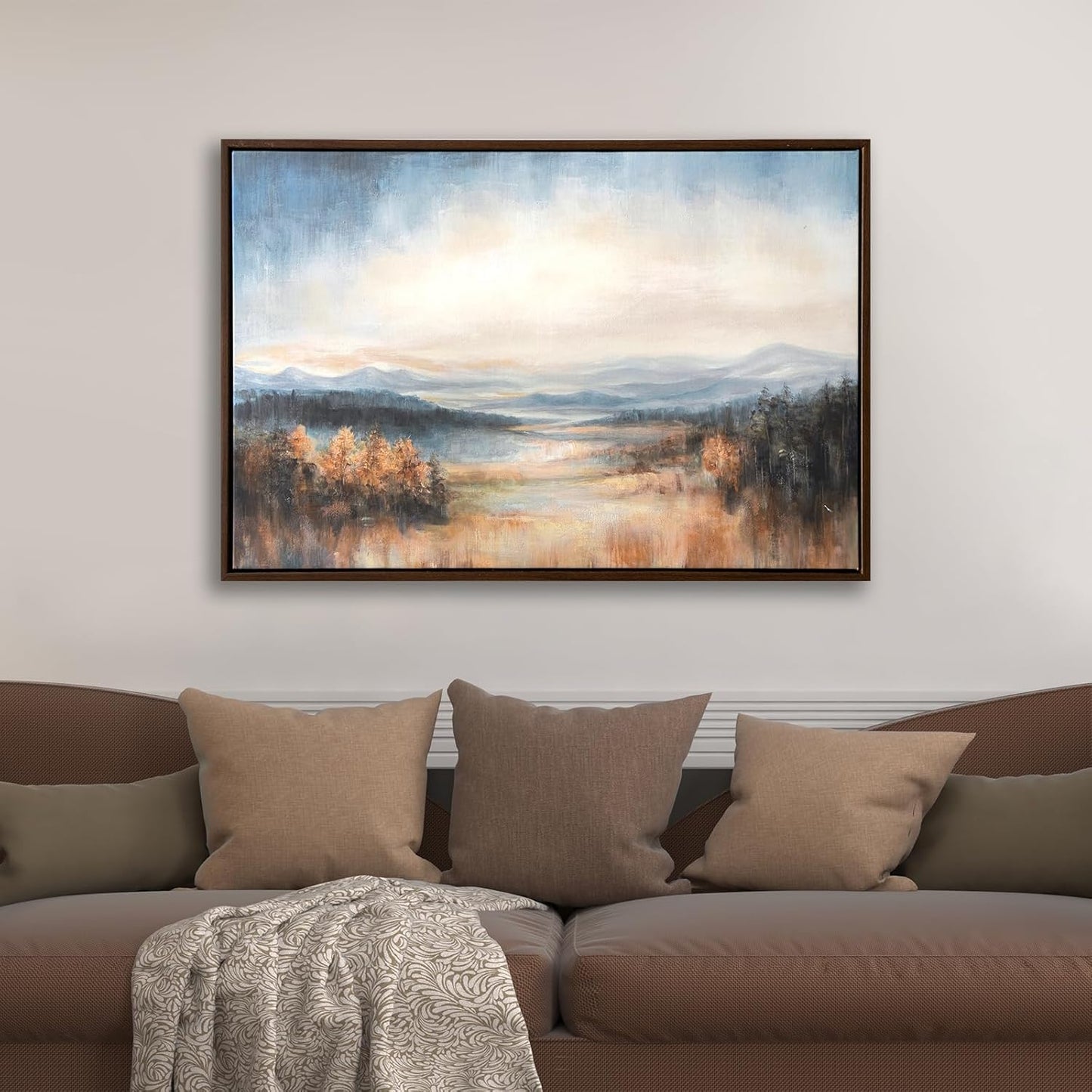 Vintage Framed Fall Wall Art Decor Fall Mountain landscape painting Modern Farmhouse Rustic Canvas Prints Art Calm Warm for Living Room Bedroom Office Kitchen Decoration, 17x24.5 Inch