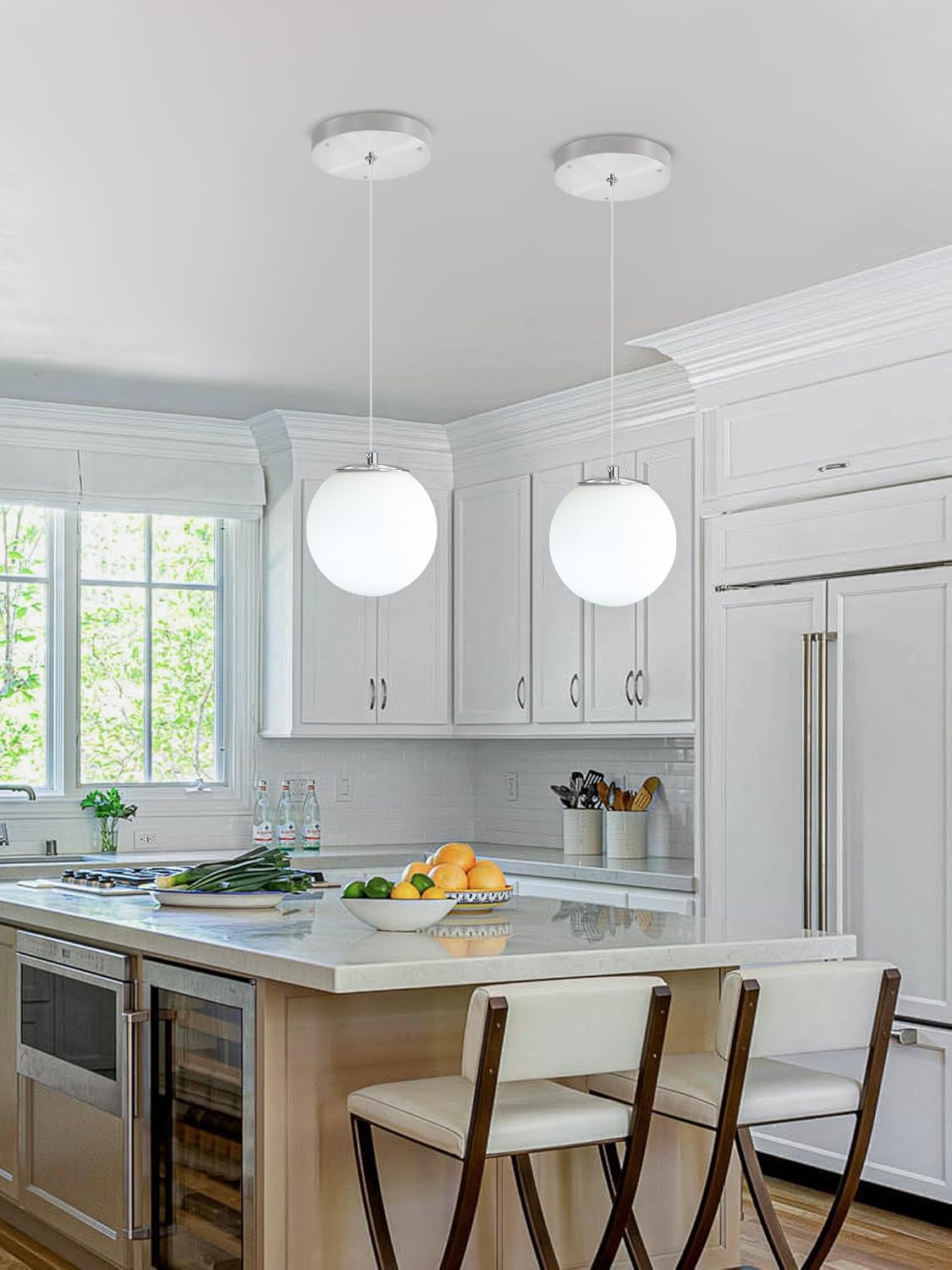 1-Light Modern Globe Pendant Light Fixtures Silver Chandelier with White Globe Glass Dimmable Ceiling Light Glass Pendant Light for Kitchen Island, Dining Room, Living Room, Entry Hallway