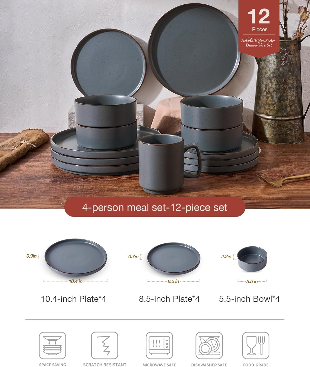 Famiware Nebula Ridge Stoneware Dinnerware Sets, Plates and Bowls Sets for 4, 12 Pieces Dishes Set, Microwave and Dishwasher Safe Kitchen Plates, Charcoal