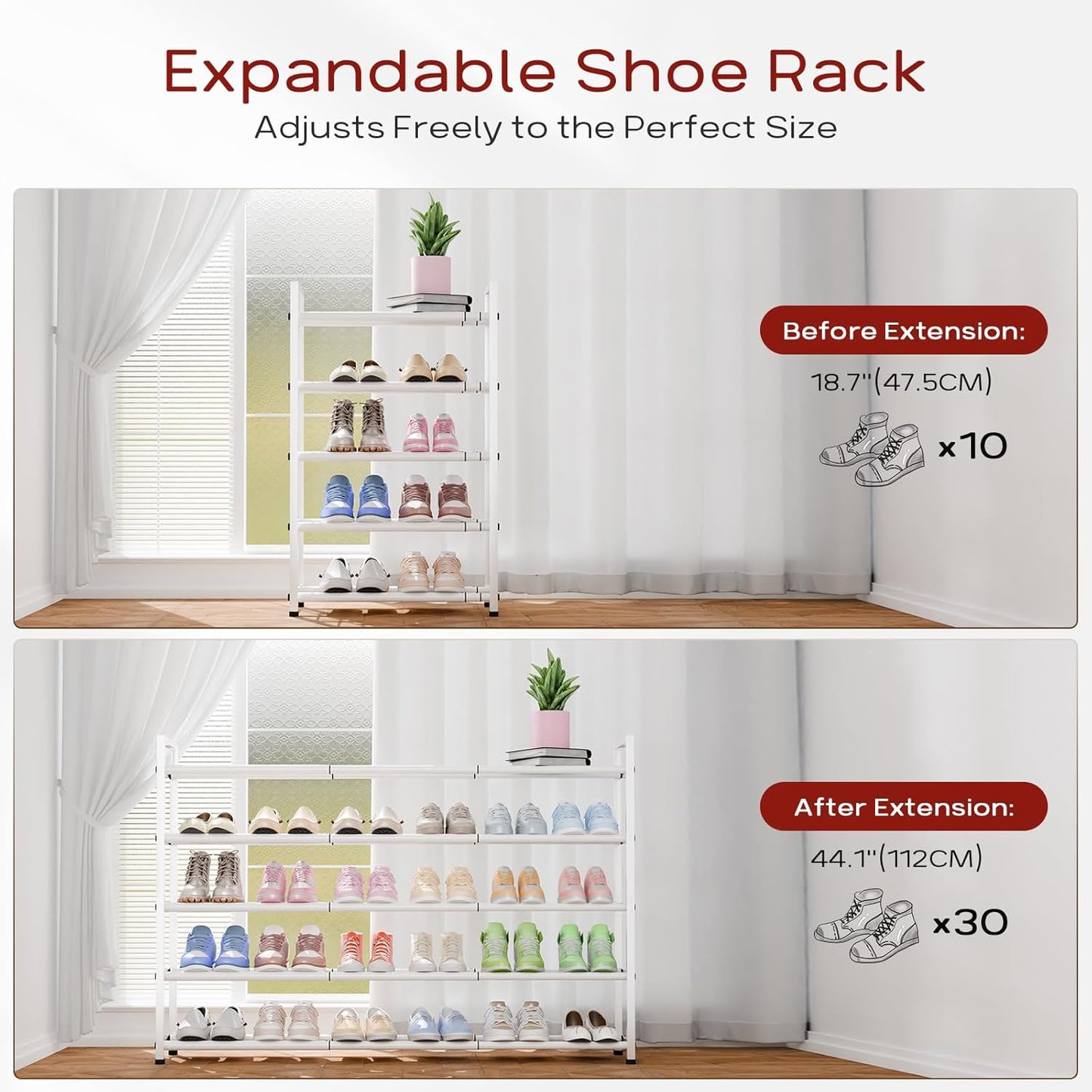 Bumusty 5-Tier Long Expandable Shoe Rack for Closet, 18"-44" Adjustable Shoe Rack for Entryway, 25-30 Pairs Large Shoe Organizer Shelf Storage, Sturdy Metal, White