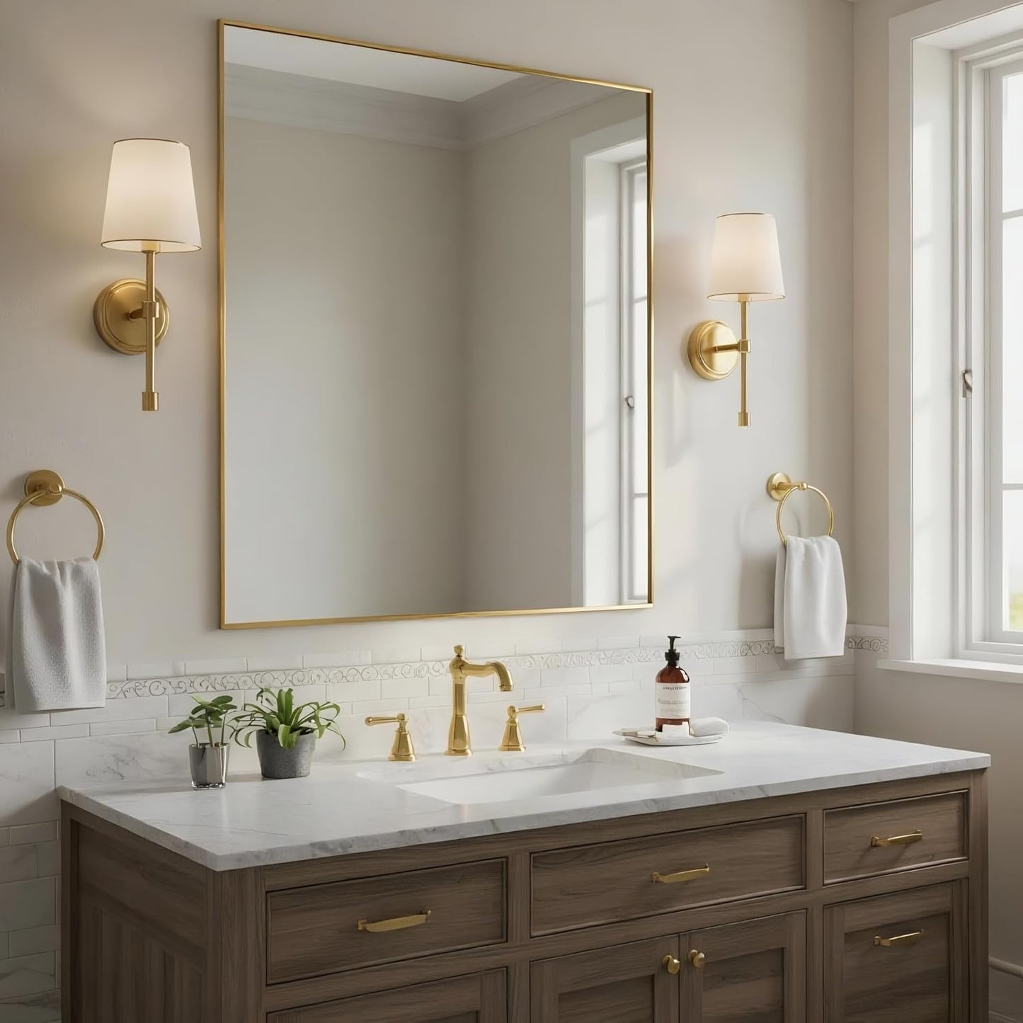 30x30 Inch Brass Bathroom Mirror for Wall, Aluminum Frame Rectangle Rectangular Vanity Mirror, Modern Large for Bedroom, Living Room, Horizontal or Vertical