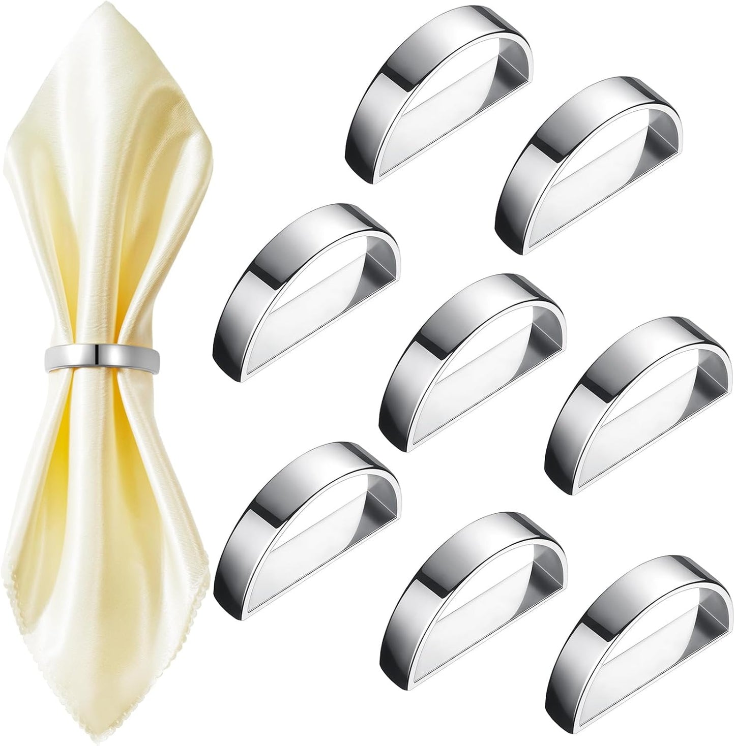 8 Pcs Stainless Steel Napkin Rings Festival Metal Napkin Ring Holders Modern Serviette Buckles Metallic Adornment for Table Settings Kitchen Dinner Party Wedding (Bright Silver Semicircle)