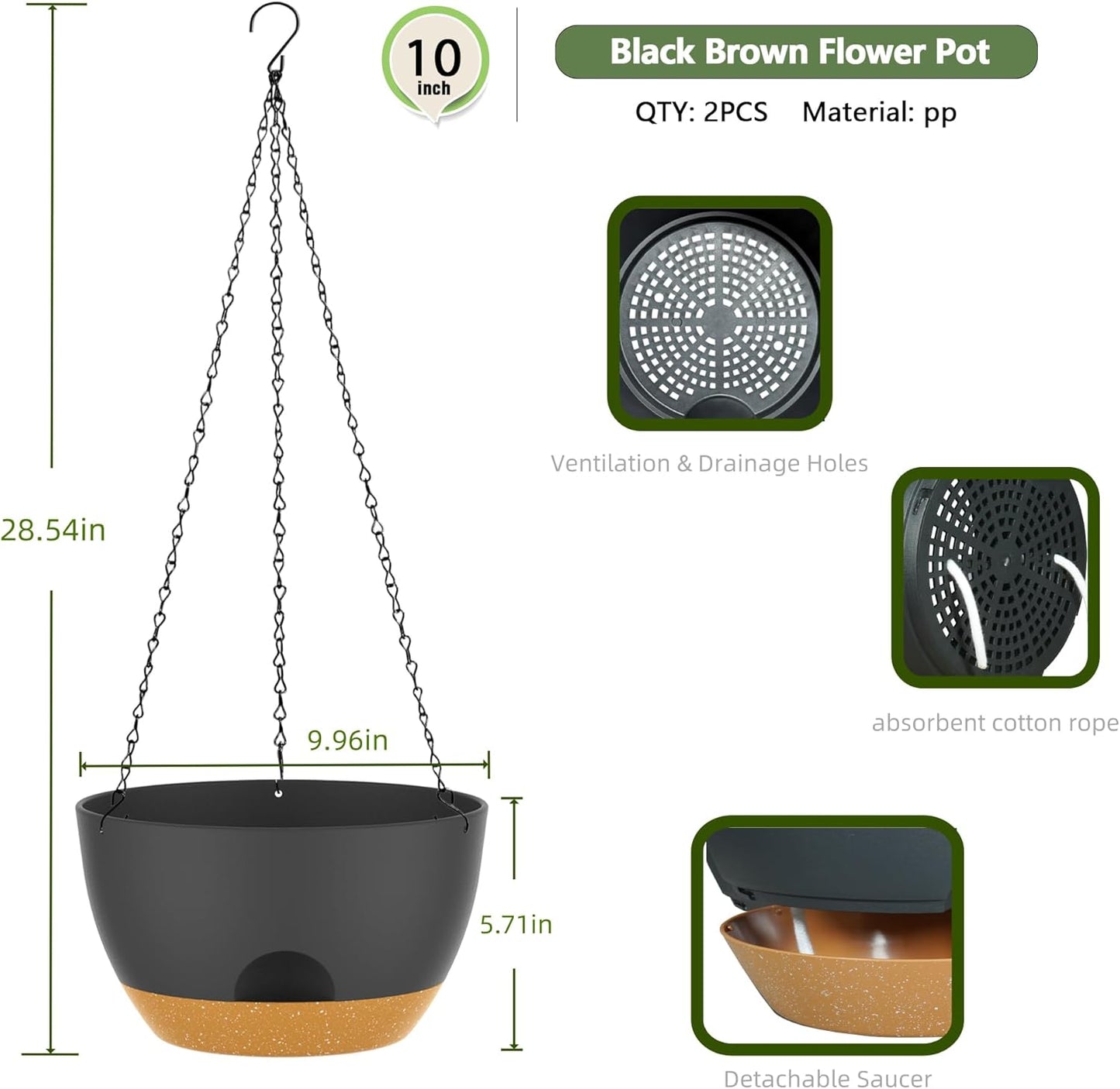 10 Inch Hanging Baskets 2 PC with Chains, Self-Watering Hanging Planters for Indoor Outdoor Plants, Plastic Hanging Flower Pots,Black Brown