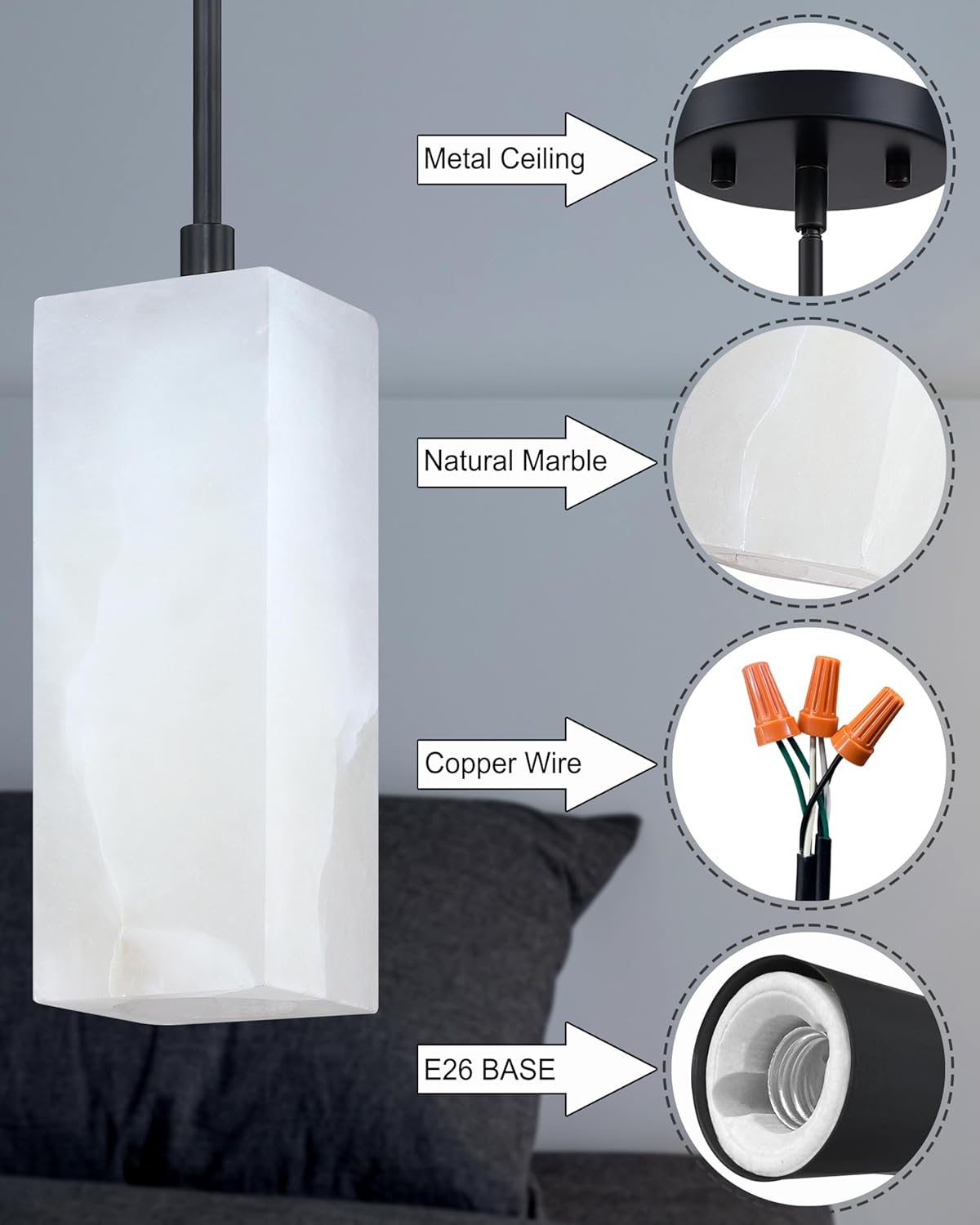 1 Light Modern Industrial Farmhouse Hanging Kitchen Island Pendant Ceiling Light Fixture,Square Natural Alabaster Marble Black Finish Over Sink Restaurant bar Corridor