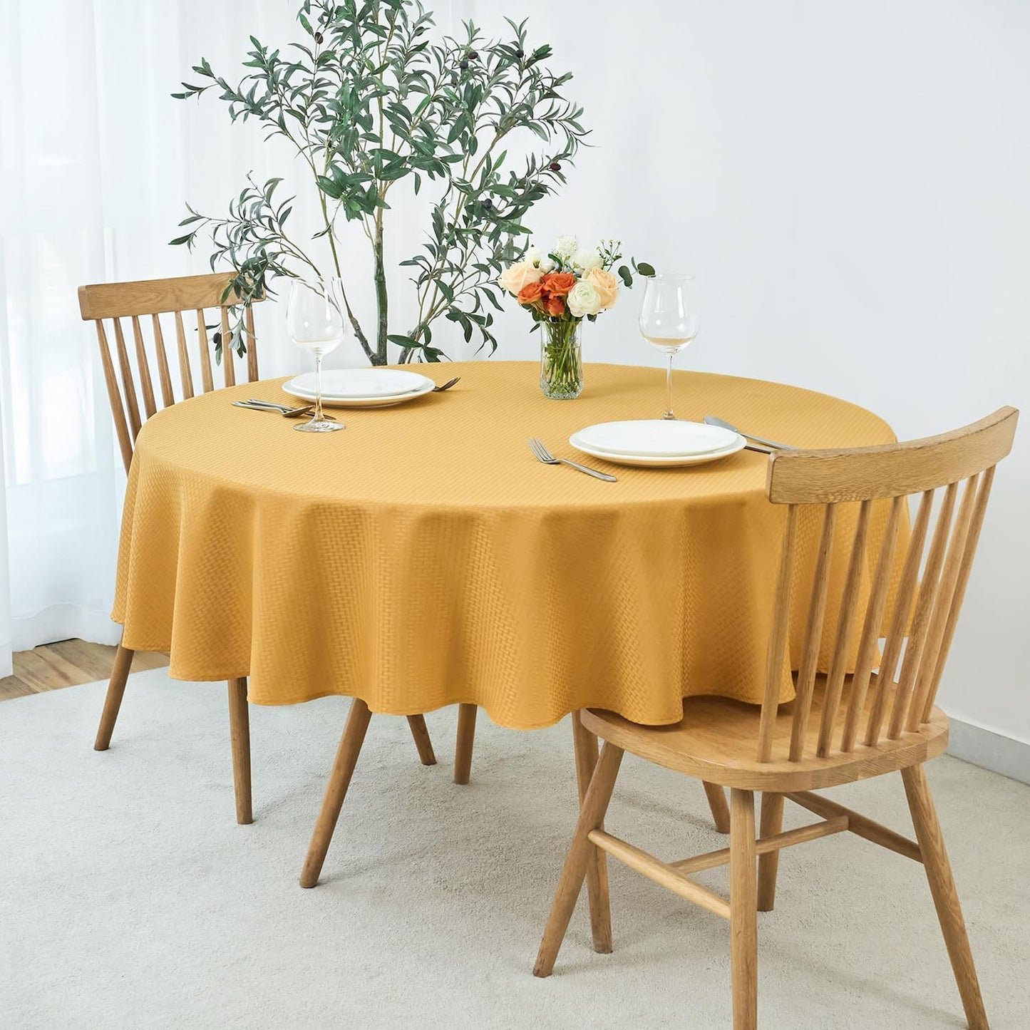maxmill Round Weaved Texture Design Tablecloth Spill-Proof Wrinkle Free Soft Washable Table Cloth for Circular Table Cover, for Dining Room Banquet Parties Holiday Dinner, 90 Inch Ochre Yellow