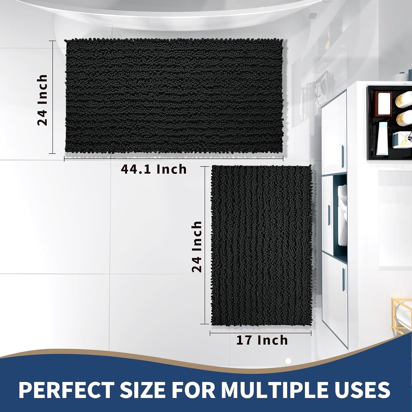 Yimobra Bathroom Rugs Sets 2 Piece - Quick Dry Extra Thick Luxury Chenille Bath Mat, Non Slip Super Absorbent for Tub Shower Sink, Machine Washable Shaggy Floor Mat, 44"x24"+24"x17" Inch, Black