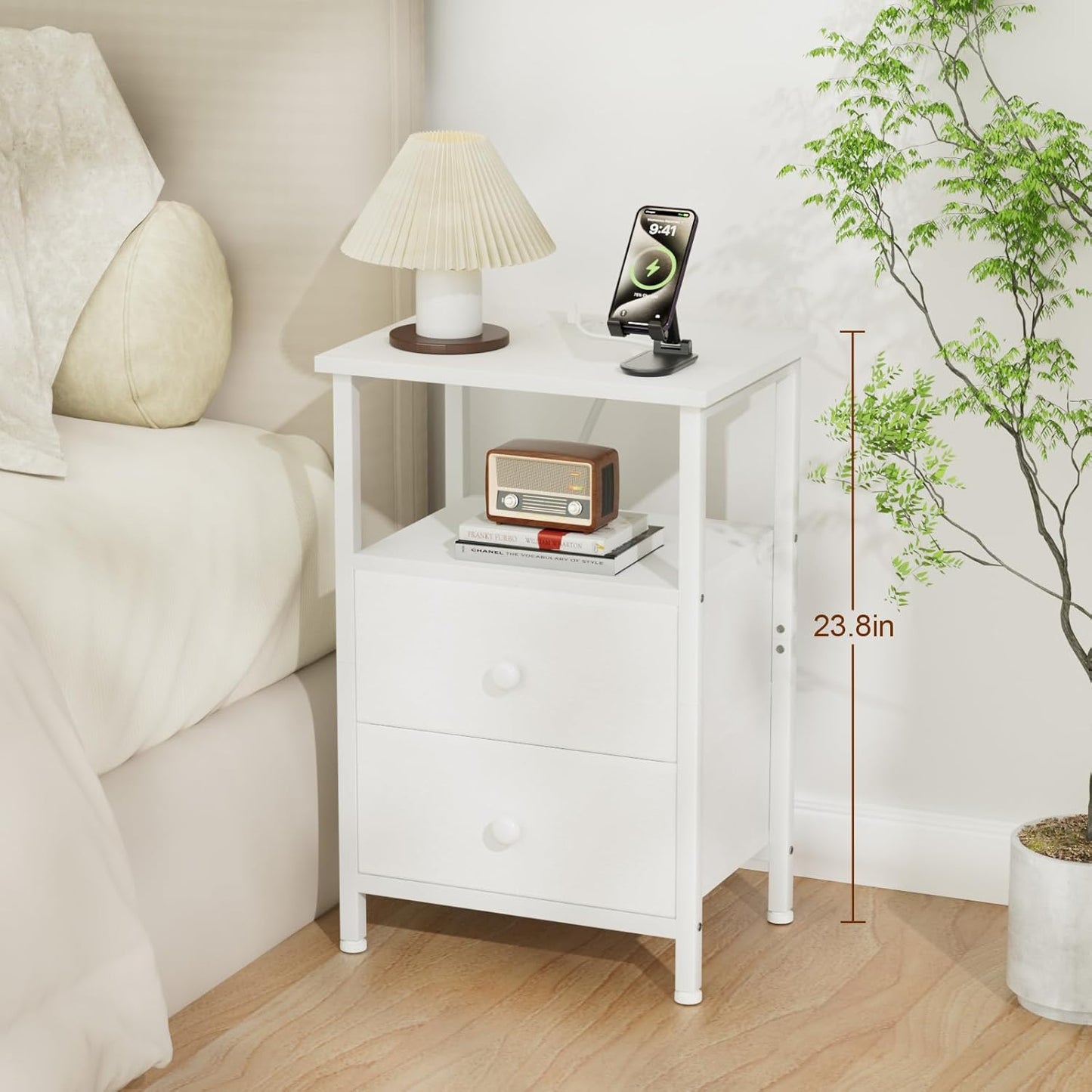 White Night Stand, Nightstand with Charging Station, End Table with Storage 2 Fabric Drawers for Bedroom, Small Bed Side Table with USB Ports and Outlets for Living Room, HETS020WT-1