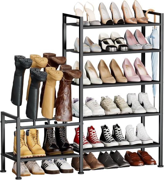 Shoe Rack Organizer and Storage - 5 Tier Metal+Non-woven Fabric Shoe Rack with Boot Storage & Side Any Combination - Space Saving Shoe Shelf for Entryway, Bedroom, Garage, Small Spaces