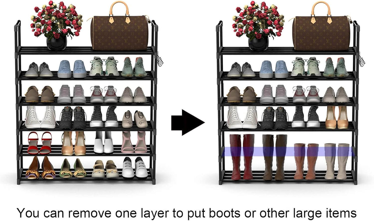 6 Tiers Metal Shoe Rack,Adjustable Shoe Shelf Storage Organizer with Hooks,Stackable Boot & Shoe Storage,for Entryway,Hallway,Closet,Black