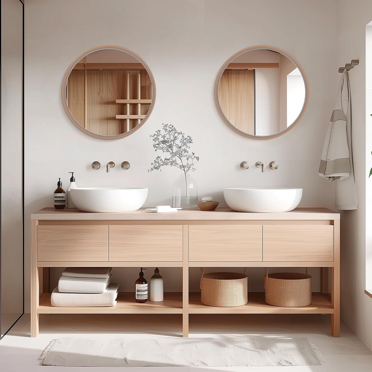 WallBeyond Wood Round Mirror with Wood Frame 24 inch Circle Wall Mirror for Bathroom Round Wall Mirror for Wall Decor, Vanity, Entryway Living Room (Walnut)