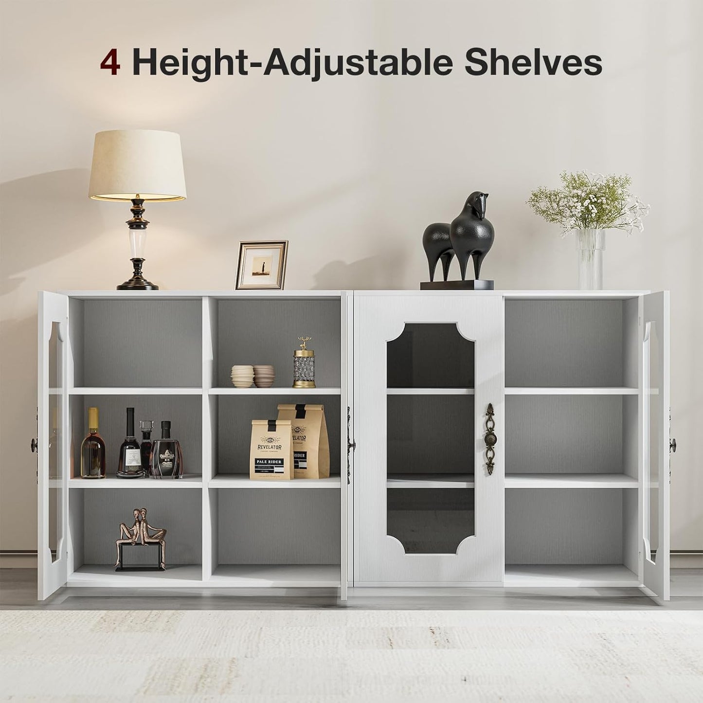 Modular Buffet Storage Cabinet, Glass 2-Door Kitchen Sideboard Buffet Console w/Adjustable Shelves, Wood Modular Organizer for Kitchen Living Room, 31.5 Inch