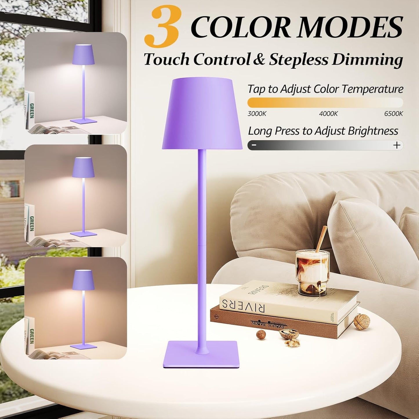 2 Pack Cordless Table Lamps, 3 Colors Stepless Dimming, 5000mAh Rechargeable Battery LED Desk Lamp for Bedroom/Couple Dinner/Desk/Cafe/Dining Room/Terrace