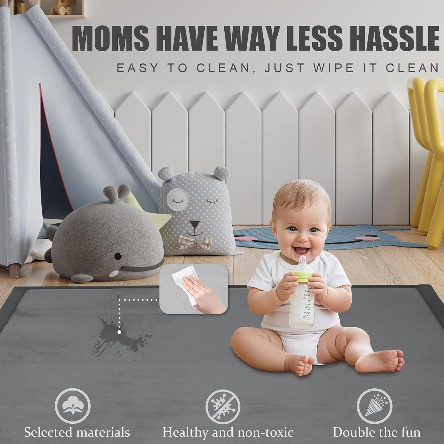 Baby Play Mat for Floor, 50 X 50x 1.3" Memory Foam Playpen Mat,Ultra Soft Tummy Time Mat with Non-Slip Backing, Baby Crawling Mat Child Nursery Rug for Infant, Toddlers, Kids (Dark Gray)