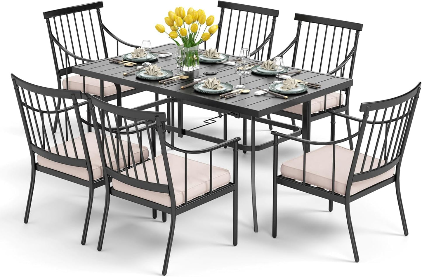 PHI VILLA 7 Piece Patio Dining Table Set with Cushion, Large Rectangular Metal Dining Table with Umbrella Hole & 6 Cushioned Iron Chairs for Outdoor, Deck, Yard