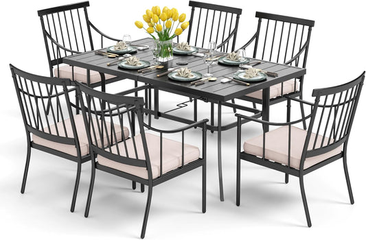 PHI VILLA 7 Piece Patio Dining Table Set with Cushion, Large Rectangular Metal Dining Table with Umbrella Hole & 6 Cushioned Iron Chairs for Outdoor, Deck, Yard