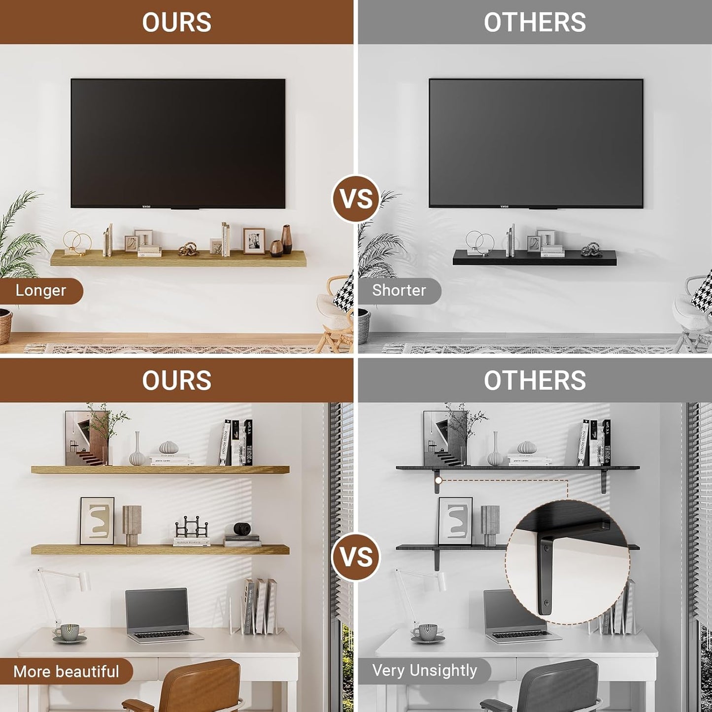 Heimlove Floating Shelves for Wall 48 Inches Long,9.3" Deep Oak Floating Shelf Set of 2,Wall Mounted Wood Shelves for Bathroom Bedroom Living Room Kitchen Office,Shelf for Books Storage Room Decor