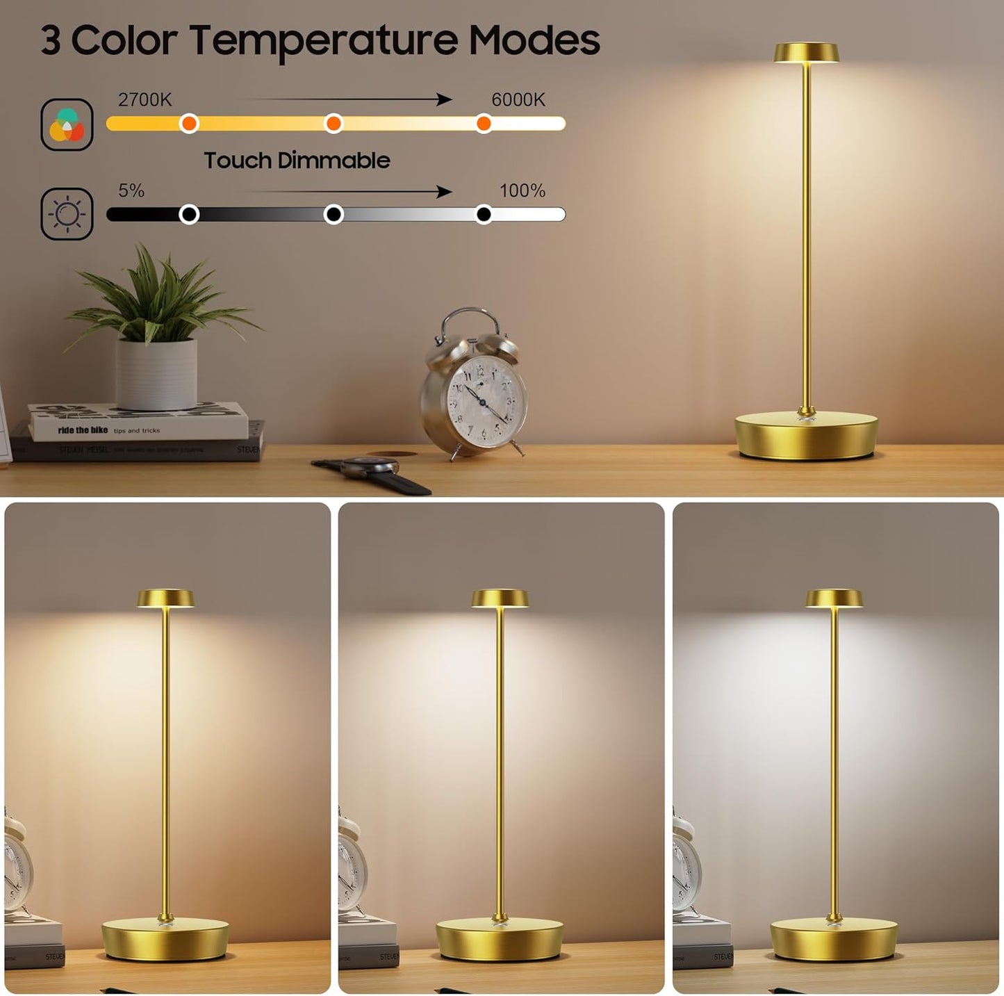 Cordless LED Table Lamp，Rechargeable Battery Desk Lamps, 3 Color Stepless Dimmable Metal Battery Table Lamps, Portable Waterproof Table Light for Indoor/Outdoor/Restaurant (2Pack Brass)