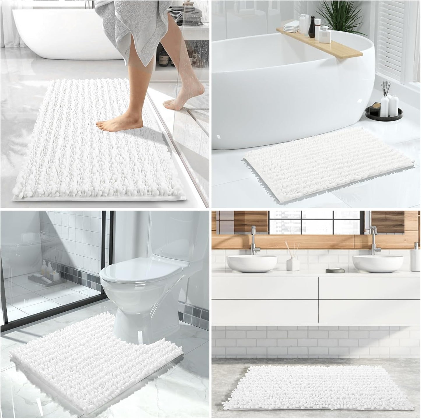 Yimobra Bathroom Rugs Sets 2 Piece - Quick Dry Extra Thick Luxury Chenille Bath Mat, Non Slip Super Absorbent for Tub Shower Sink, Machine Washable Shaggy Floor Mat, 32"x20"+24"x20" Inch, White