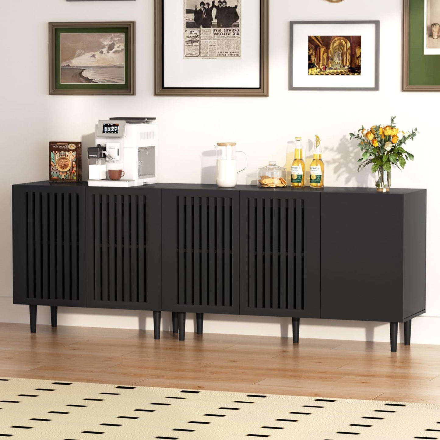 CHUWELL Modern TV Stand, 78.7" Storage Cabinet with 5 DIY Doors and Adjustable Shelf, Sideboard Coffee Bar Cabinet with Solid Wood Feet for Kitchen,Dining Room,Living Room,Black