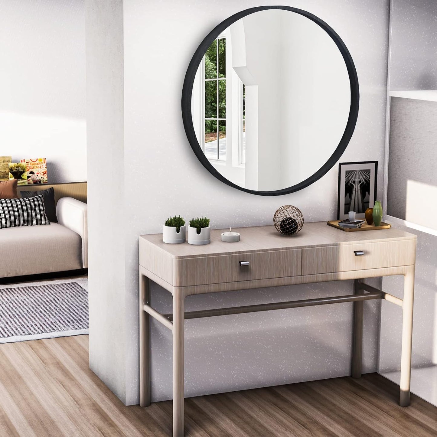 WallBeyond Black Round Mirror Wood Framed 28 inch Circle Wall Mirror for Bathroom Round Wall Mirror for Wall Decor, Vanity, Entryway Living Room