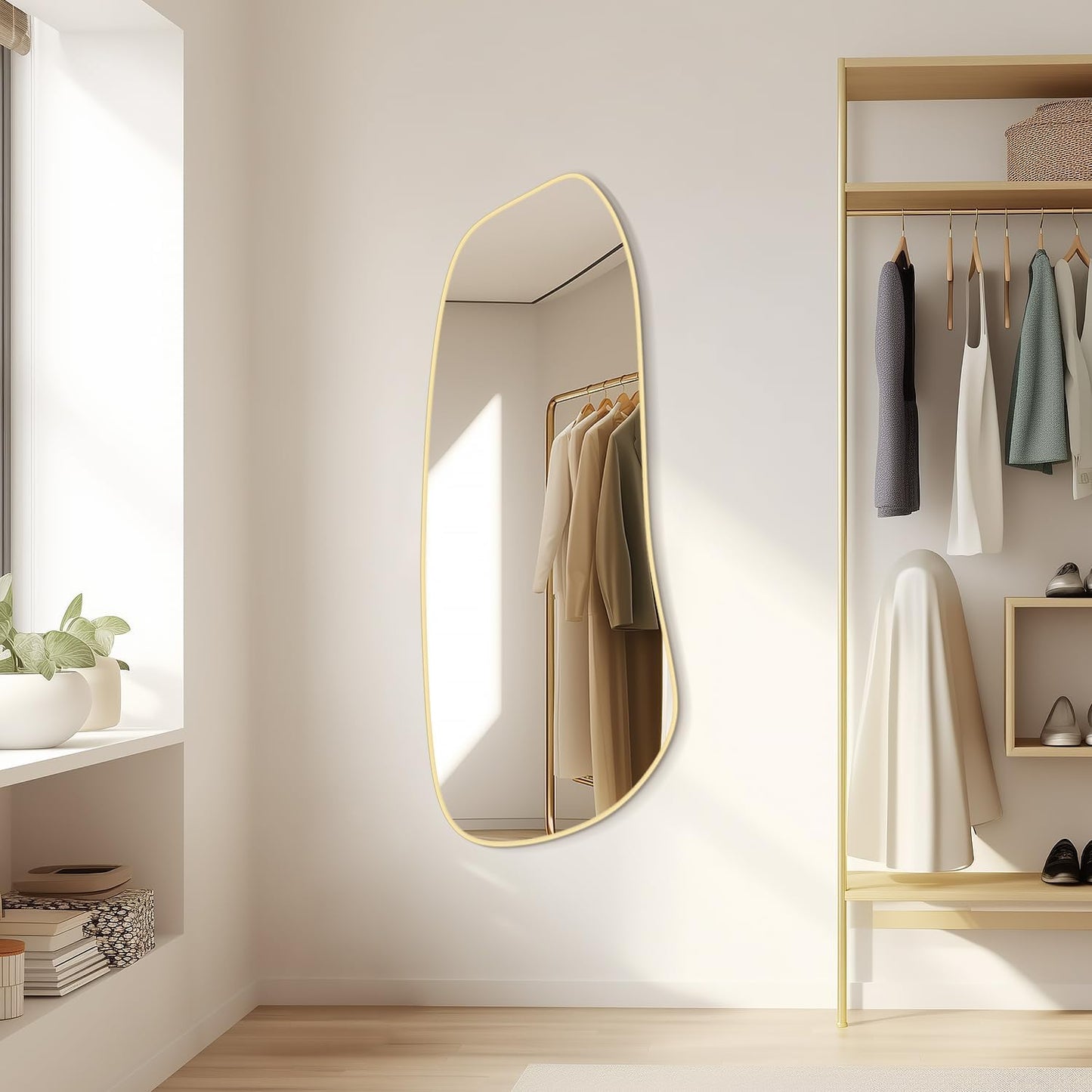 WallBeyond Irregular Wall Mirror, Asymmetrical Mirror Wall Mounted with Gold Framed for Living Room, Bathroom, Bedroom, Entryway Wall Decor, 46"×18", Gold