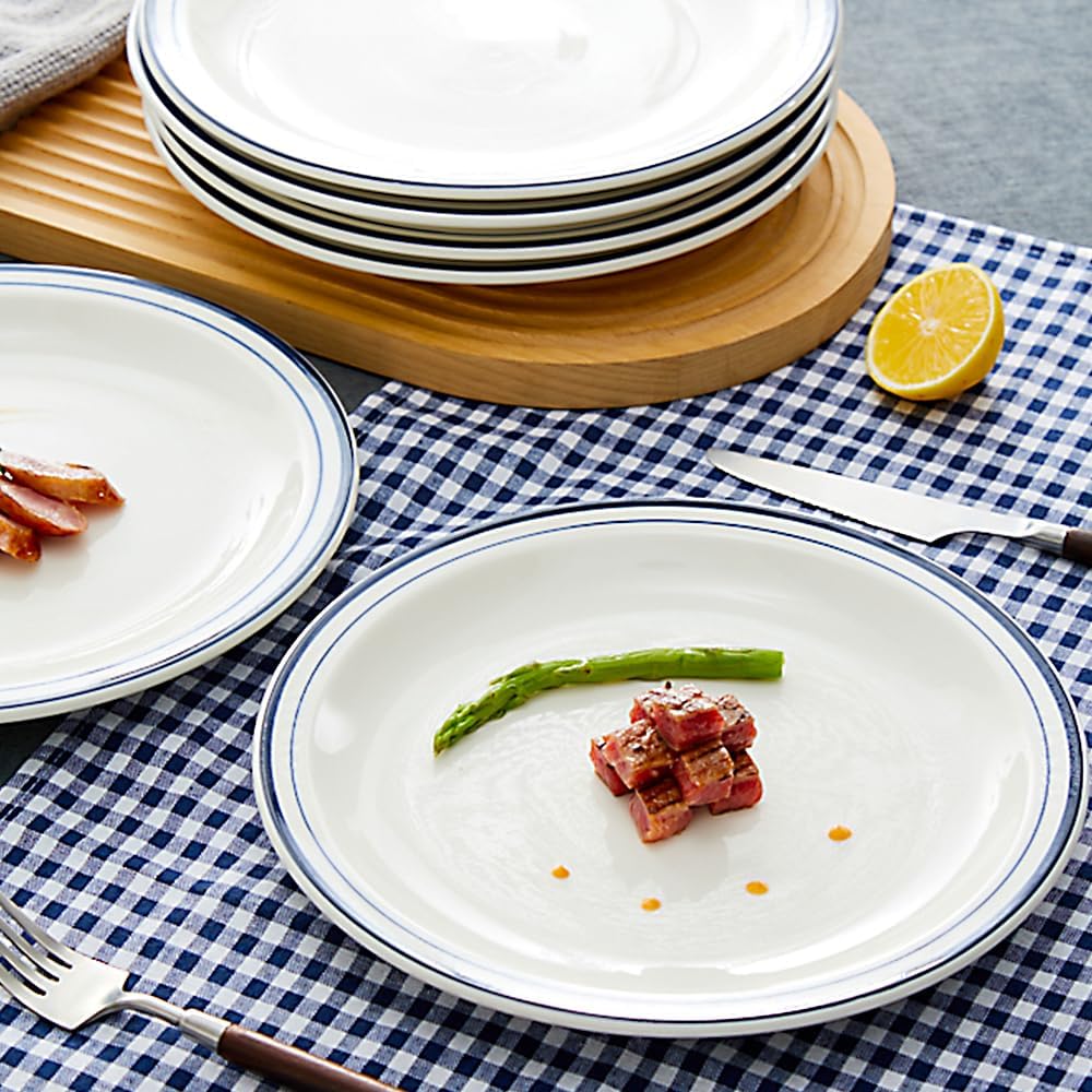 10.5-inch Porcelain Dinner Plate Set of 6 - Microwave, Oven and Dishwasher Safe, Scratch Resistant. (Classic Blue)