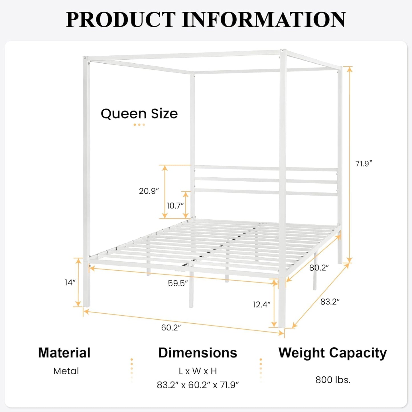 SHA CERLIN Metal Canopy Bed Frame Queen Size/Mattress Foundation with Metal Slats Support/No Box Spring Needed/Easy Assembly/White