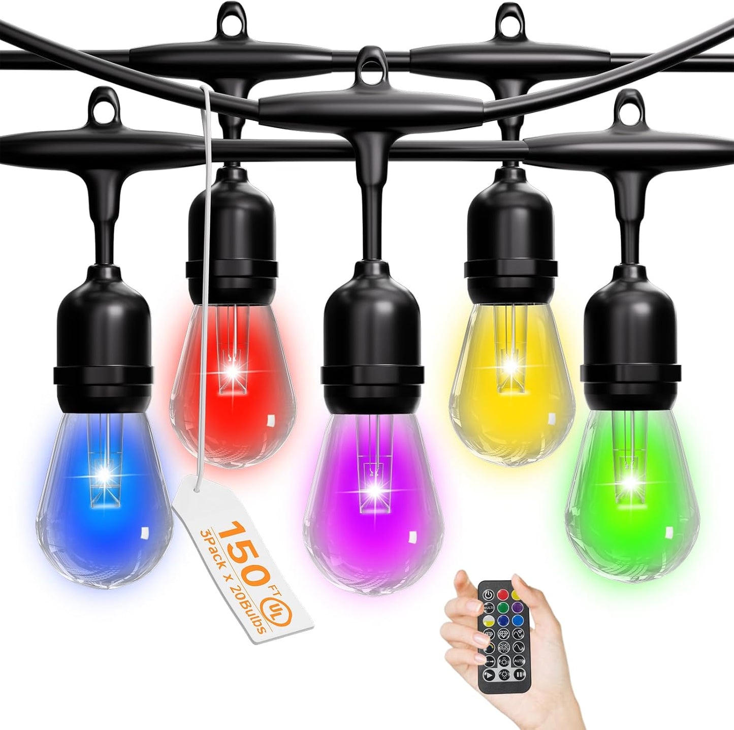 RGB Safety String Lights 150FT - Commercial Grade Low Voltage Strand with 60 S14 Shatterproof Bulbs for Tree Garden Yard bistro Cafe | RGB Party Lights & Outdoor Lights | IP65 Waterproof | UL Listed
