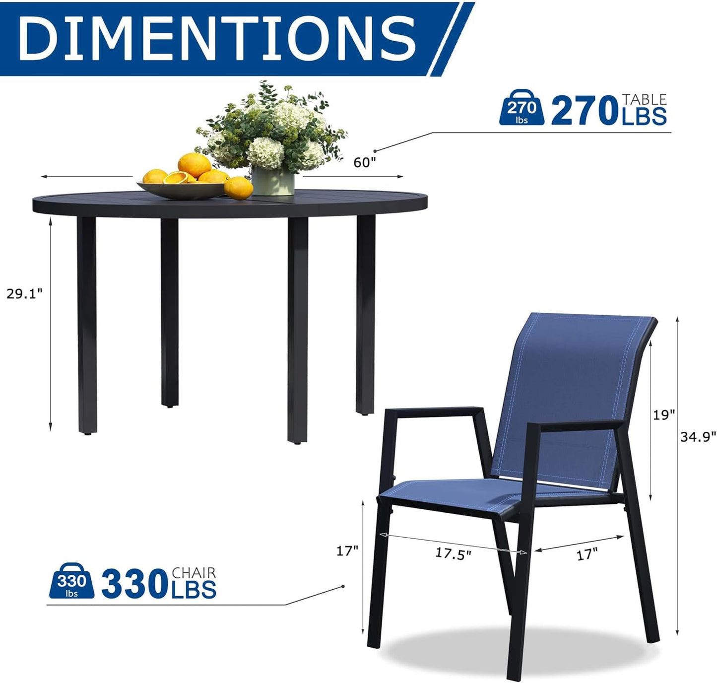 9 Piece Outdoor Dining Set, Patio Table and Chairs Set of 8, 60" Black Round Patio Table with 8 Blue Stackable Patio Chairs for Lawn, Garden, Porch