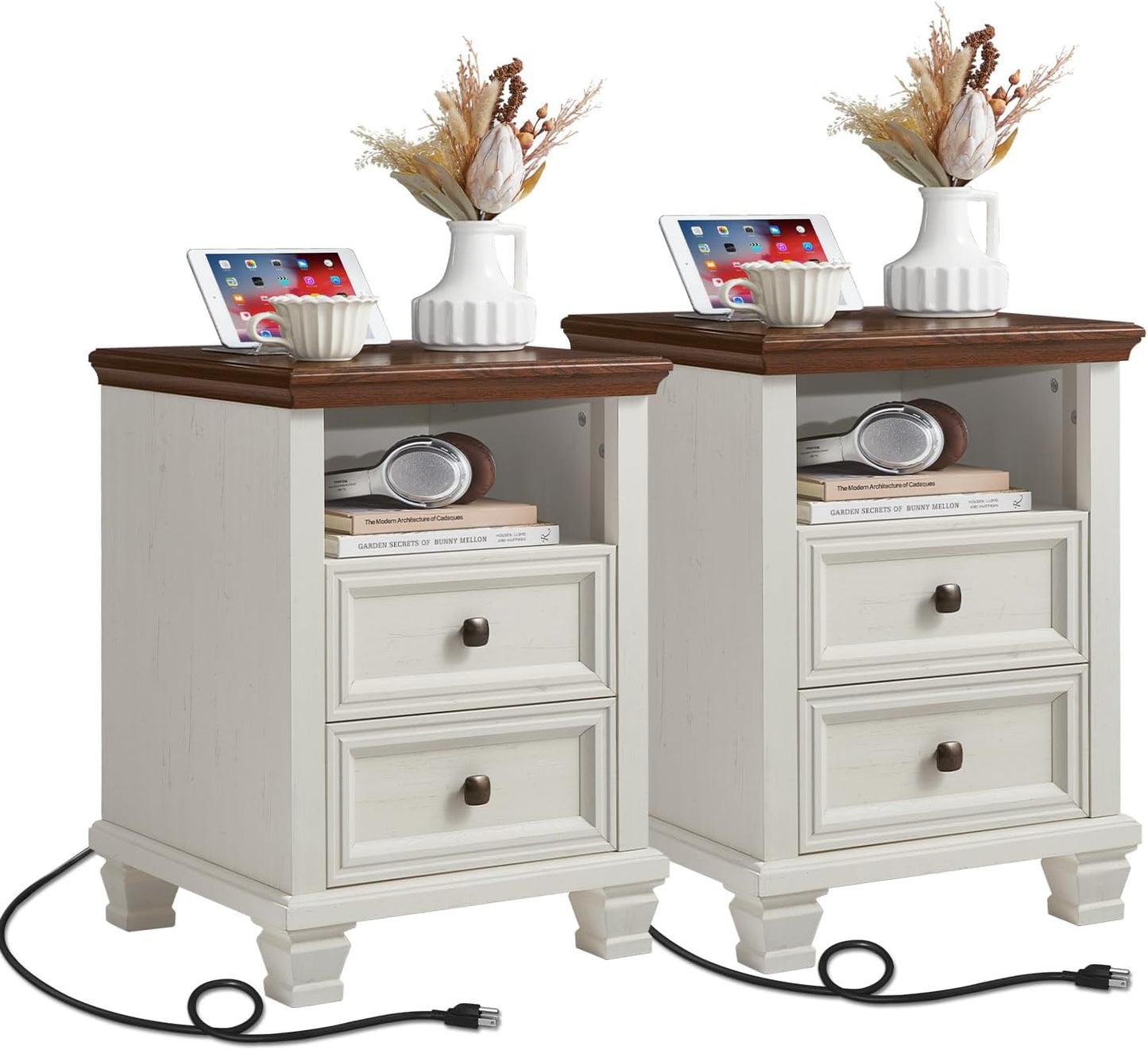 Farmhouse Nightstand Set of 2 with Charging Station, Rustic White Nightstand,2 Drawers End Table for Living Room,Bedside Table with Open Shelf for Bed Room,White