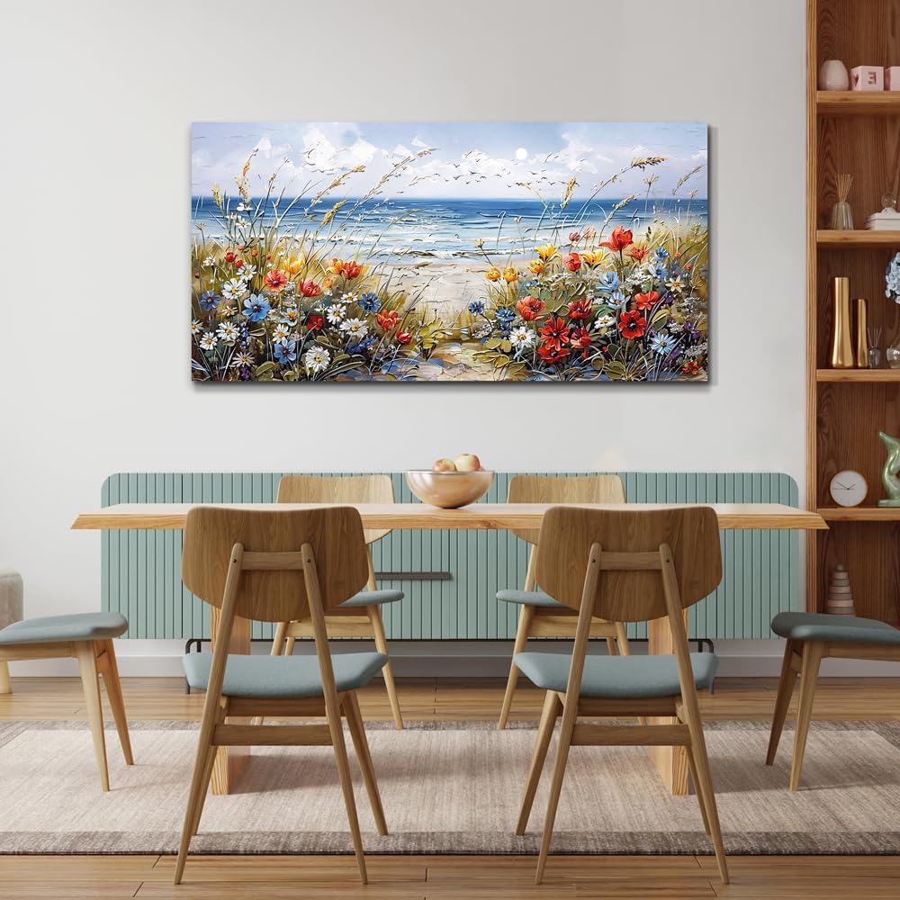 MHARTK66 Canvas Wall Art For Living Room Farmhouse Bedroom Wall Painting Blue Beach Ocean Pictures Office Photos Watercolor Wall Decor Flowers Nature Artwork For Walls Modern Home Decorations