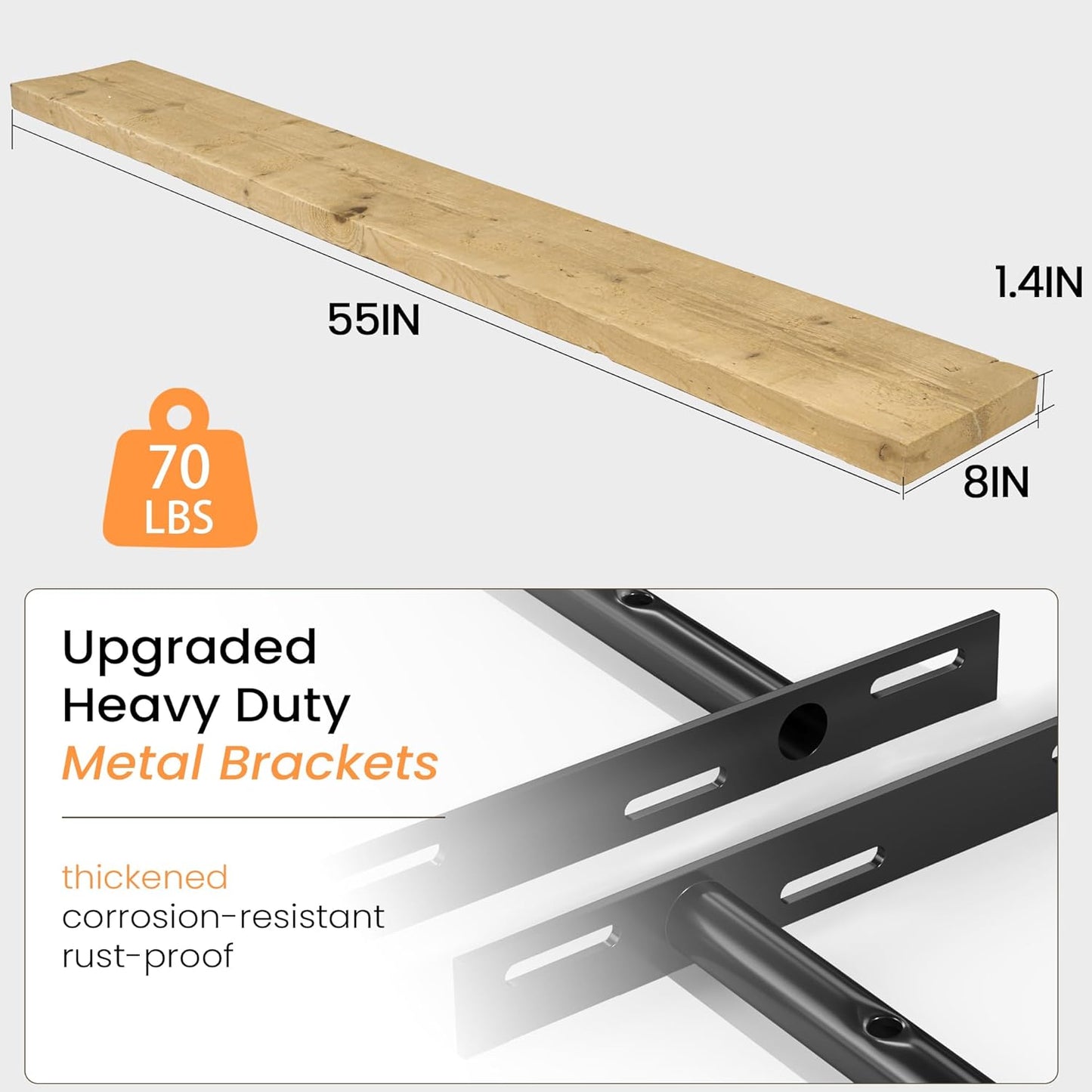 Fun Memories Floating Shelves for Wall Decor, 55"x8" Rustic Reclaimed Wood Shelves, Heavy-Duty Wall Mounted Shelves with Invisible Brackets for Living Room, Bedroom, Kitchen, Natural Finish