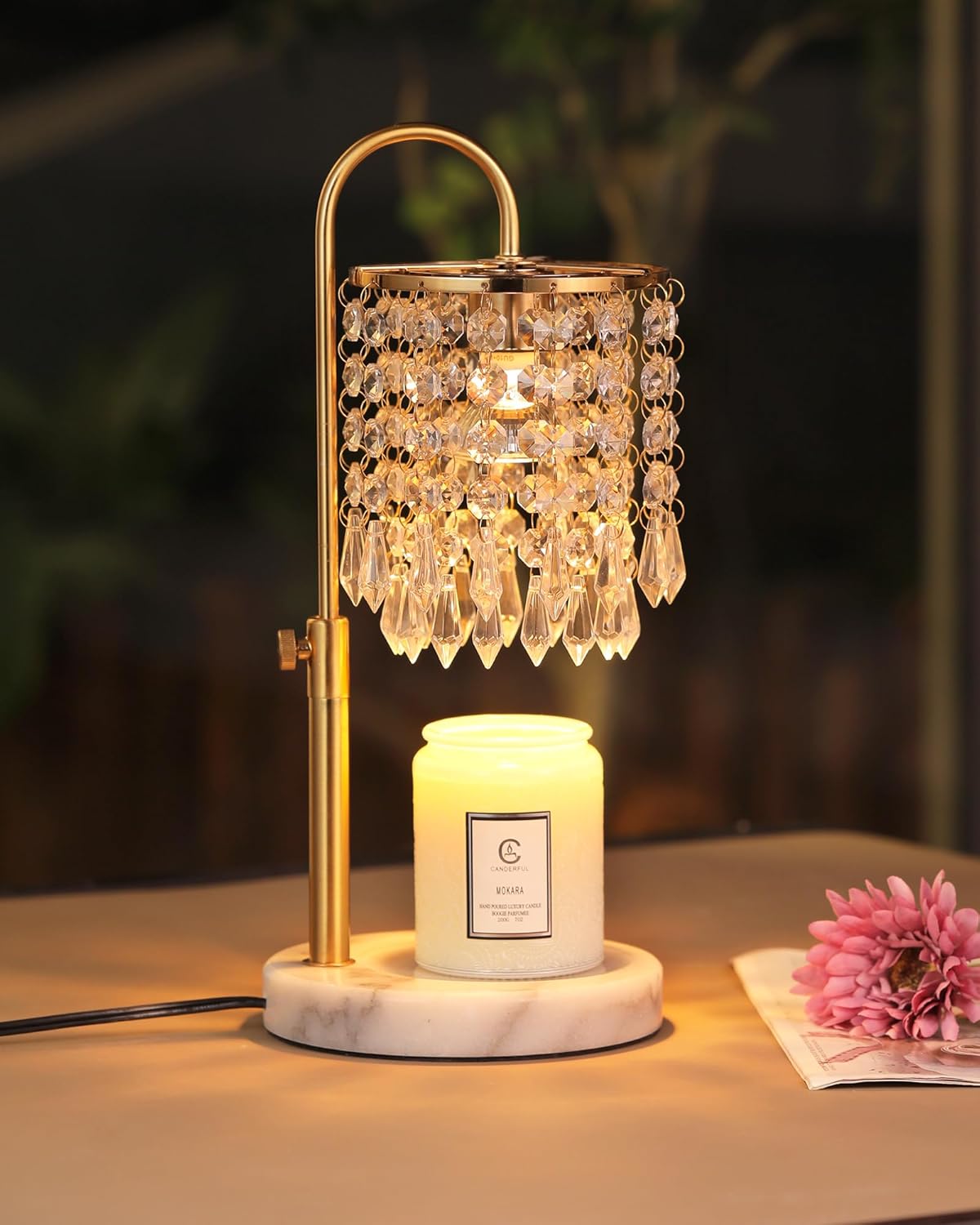 Minimalist Crystal Candle Warmer with Timer Dimmer and 3 Bulbs, Adjustable Height Marble Base for Jar Candles, Ideal House Warming Gift