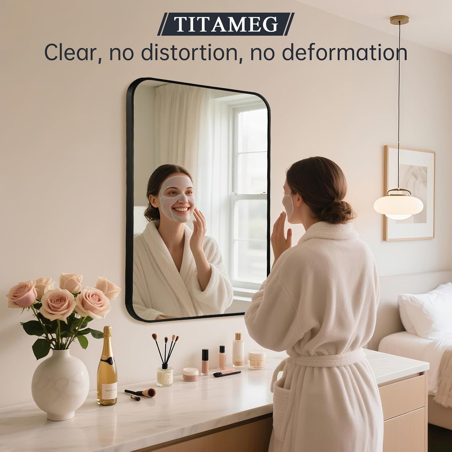 20x28 Inch Bathroom Mirror - Matte Black Framed Rectangle with Rounded Corner, Aluminum Alloy Framed Brushed Wall Mirror for Bedroom or Living Room, Vertical or Horizontal